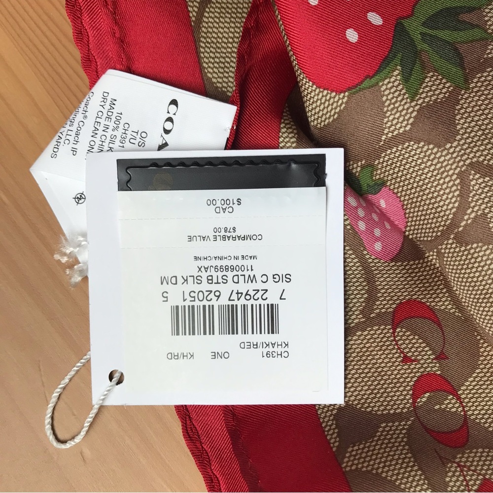 Coach Strawberry Print Silk Scarf in Red, Pink, Tan - Picture 6 of 8